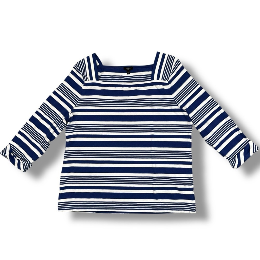 Talbots Blue White Striped Square Neck Cotton Top Size Large Petite